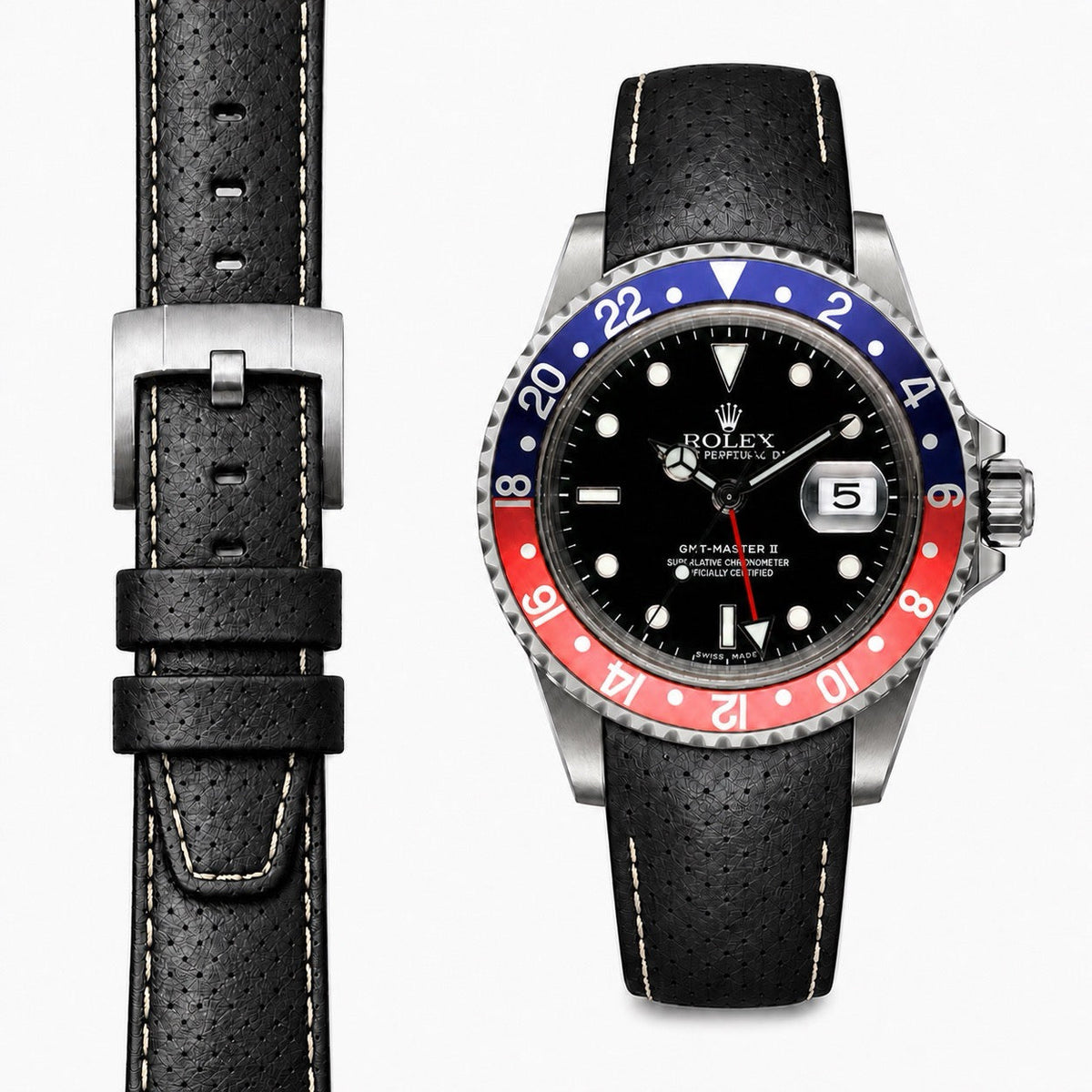 Gebogenes Racing-Lederarmband für Rolex GMT Master I & II mit Dornschließe