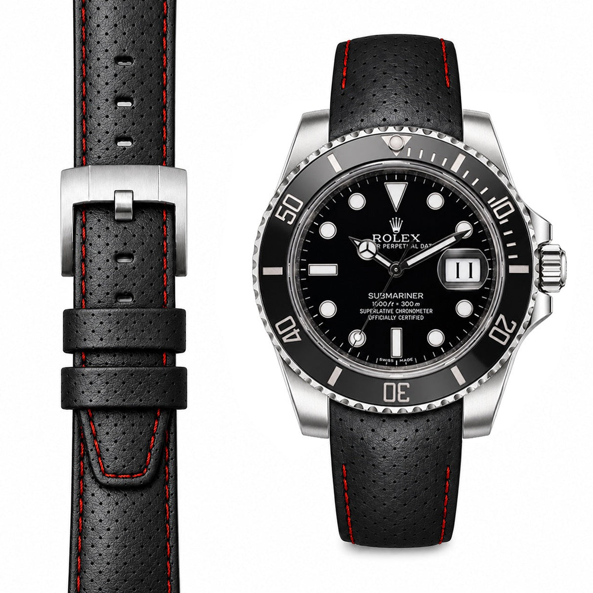 Armband aus Racing-Leder mit gebogenem Ende für Rolex Submariner Ceramic mit Dornschließe