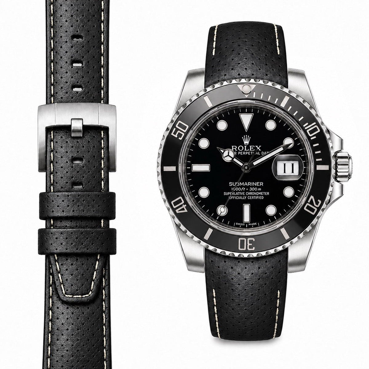 Armband aus Racing-Leder mit gebogenem Ende für Rolex Submariner Ceramic mit Dornschließe