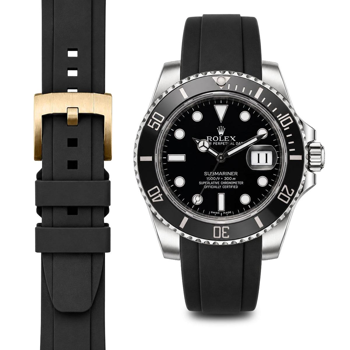 Gewölbtes Kautschukarmband für Rolex Submariner Keramik mit Dornschließe