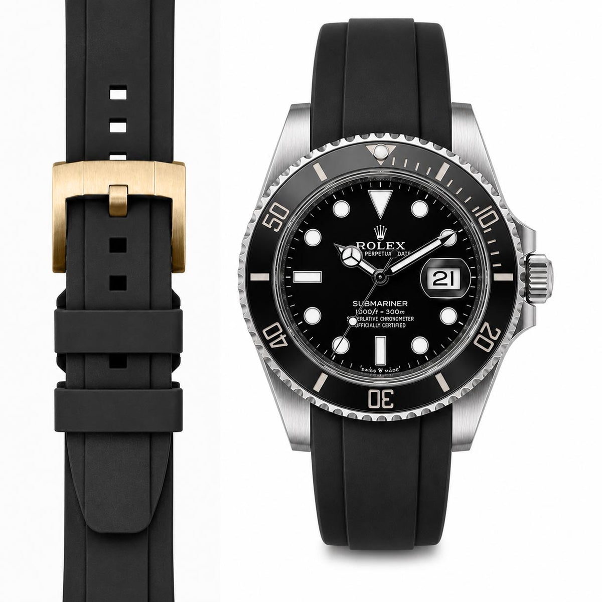 Kautschukarmband mit gebogenem Ende für Rolex Submariner 41mm mit Dornschließe (Modell 2020)